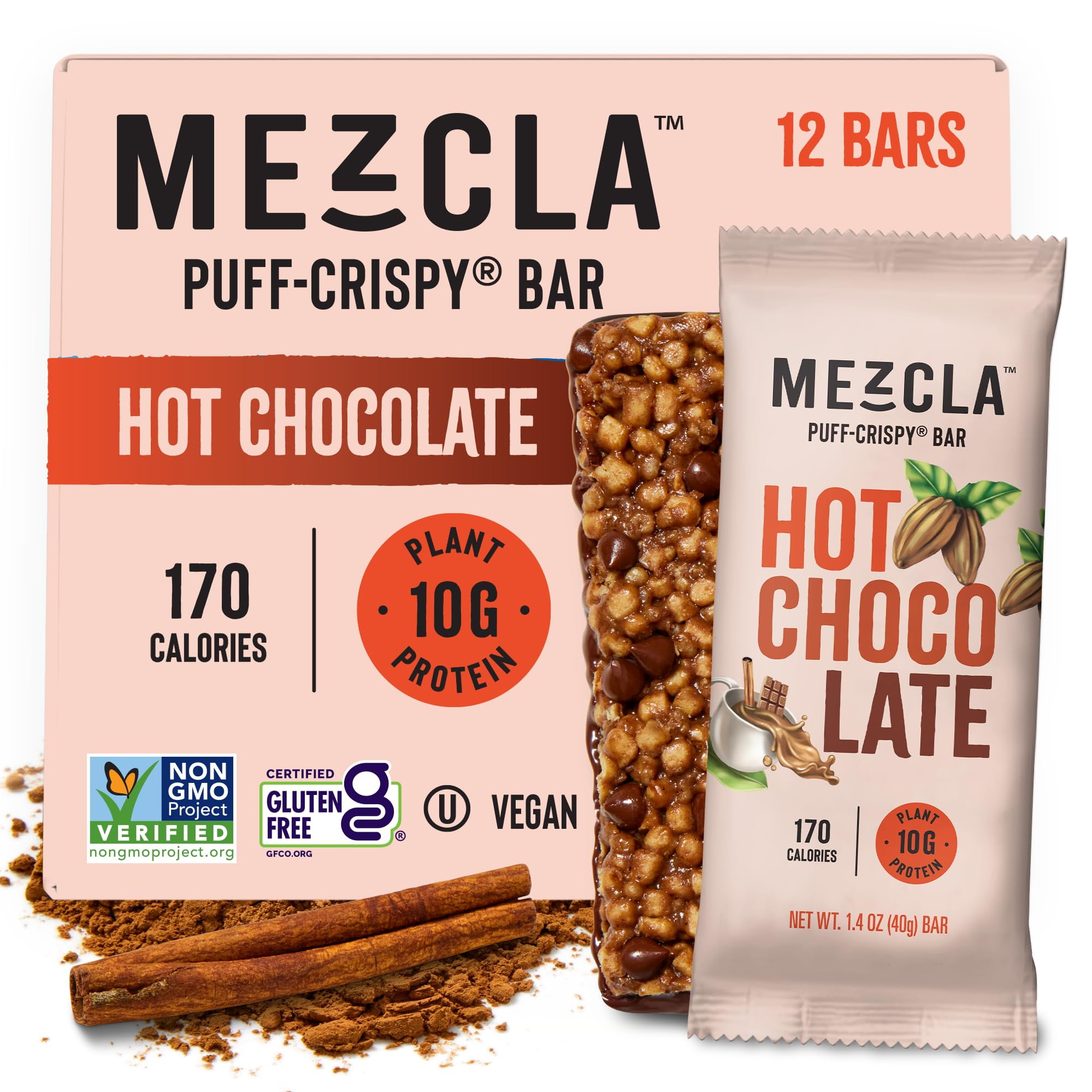 Mezcla Puff-Crispy Plant Based Protein Bars - Hot Chocolate - Healthy Snacks for Kids & Adults - Granola Bars for School, Travel, & Office Snacks - Gluten Free, Vegan, Non GMO, 10g Protein - 12 Count