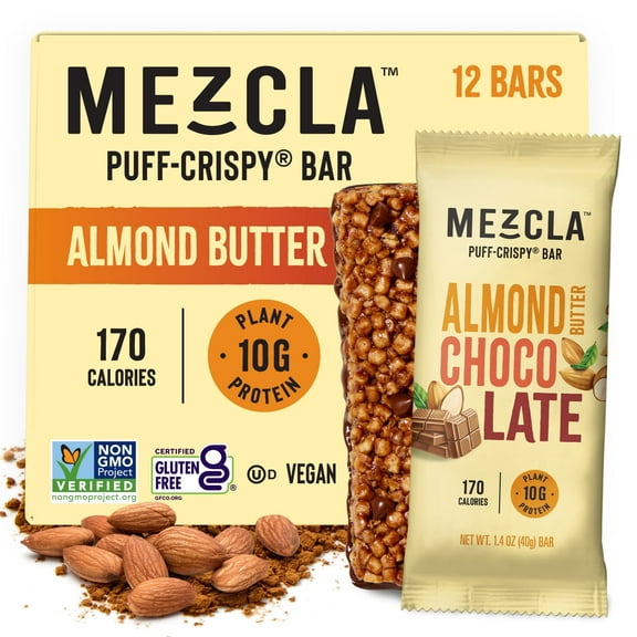 Mezcla Puff Crispy Protein Bars, Gluten Free & Vegan Protein Bars, 10g Protein, Alt for Crispy Rice Treat, Granola Bars & Breakfast Bars, Healthy Snacks for Adults, Almond Butter Chocolate, 12 Pack