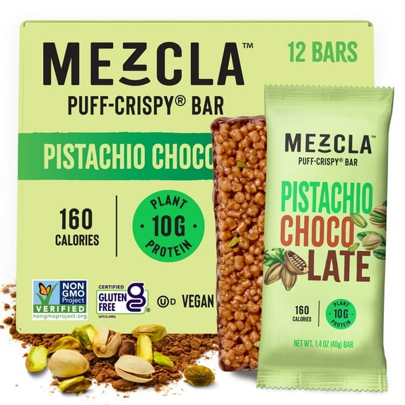 Mezcla Vegan Protein Bars, Gluten Free Snack - Pistachio Chocolate, 10g of Protein, 12 Pack