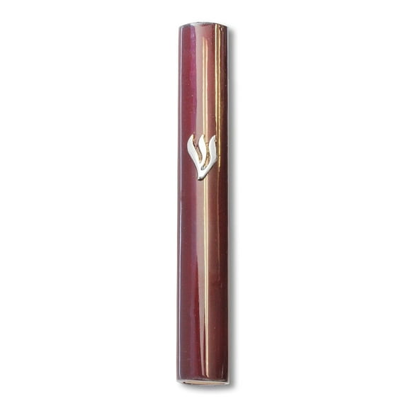 Mezuzah Case - Dark Brown Wood Silver-Tone Shin 5"