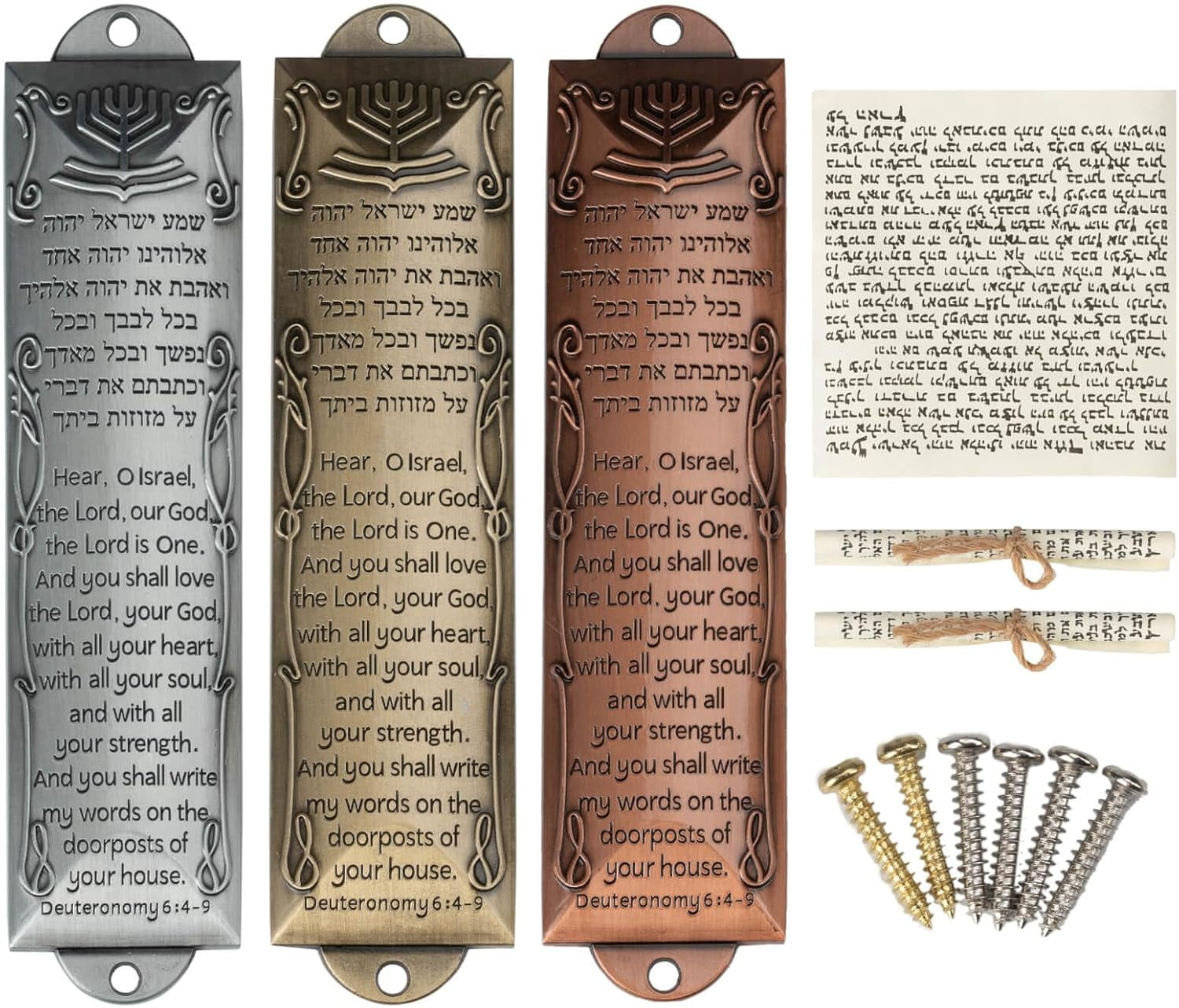 Mezuzah for Door with Scroll, Set of 3 Jewish Door Mezuzah with English/Hebrew House Blessing for Jewish House Warming Gift, Metal Mezuzah Cases with Non-Kosher Scrolls
