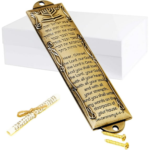 Mezuzah with Scroll for Door, Prefdo Metal mezuzah Plaque, Mezuzahs for Outside Door, Jewish Mitzvah Door Mezuzah Case, Jewish Gifts, House Warming Blessing Gift(Brass)
