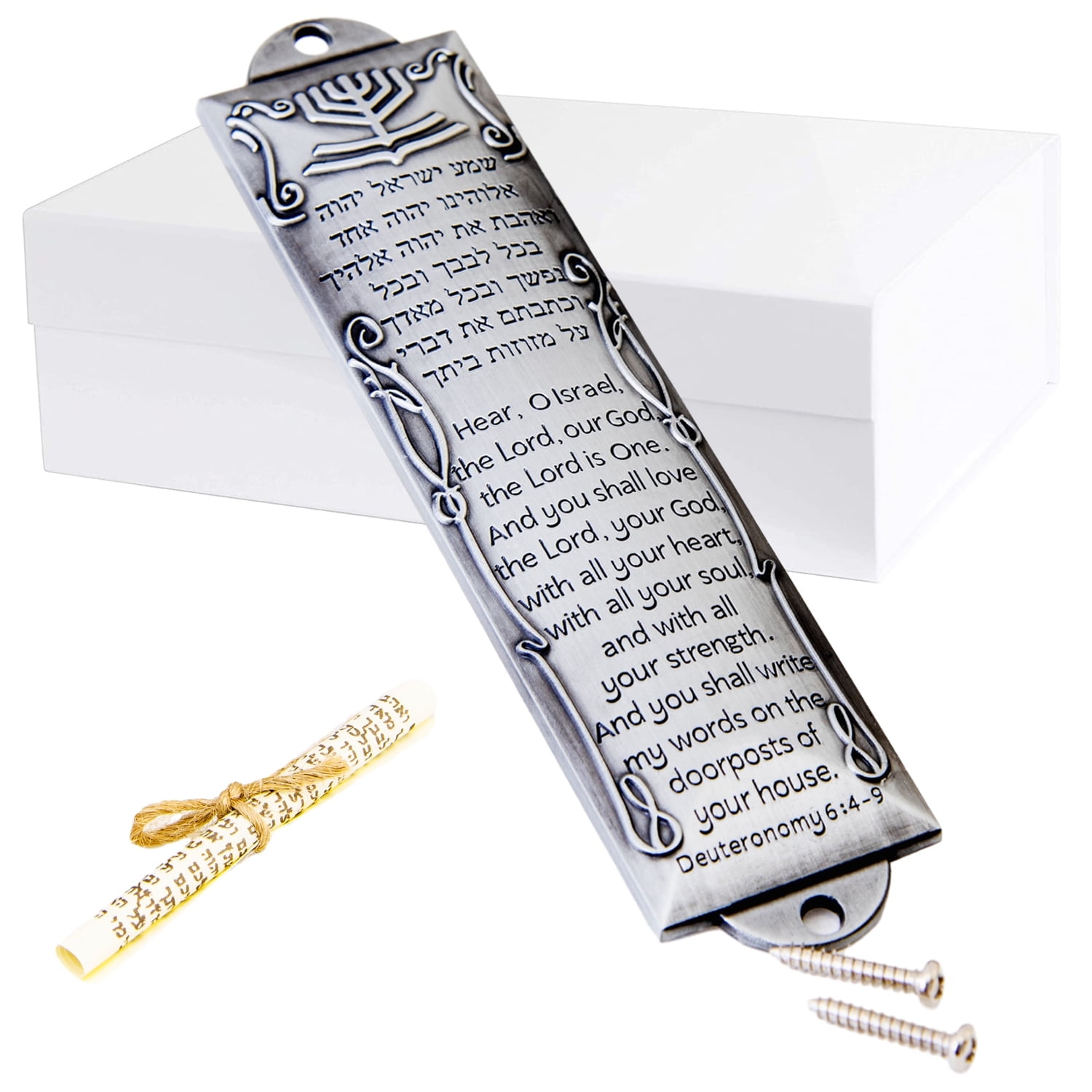 Mezuzah with Scroll for Door, Prefdo Metal mezuzah Plaque, Mezuzahs for Outside Door, Jewish Mitzvah Door Mezuzah Case, Jewish Gifts, House Warming Blessing GiftSilver