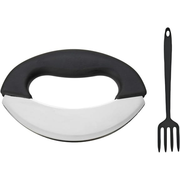 Mezzaluna Salad Chopper Knife with Stirring Mixing Fork for Salad Bowls - Double Blade Herb Cutter for Quick Chopping and Mincing Small Vegetables and Onions for Salad Preparation