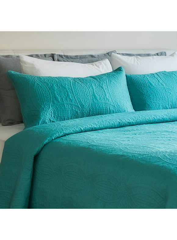 Mezzati Bedspread Coverlet Set Blue-Ocean Teal – Brushed Microfiber Bedding 3-Piece Quilt Set (Queen/Full, Blue Ocean Teal)