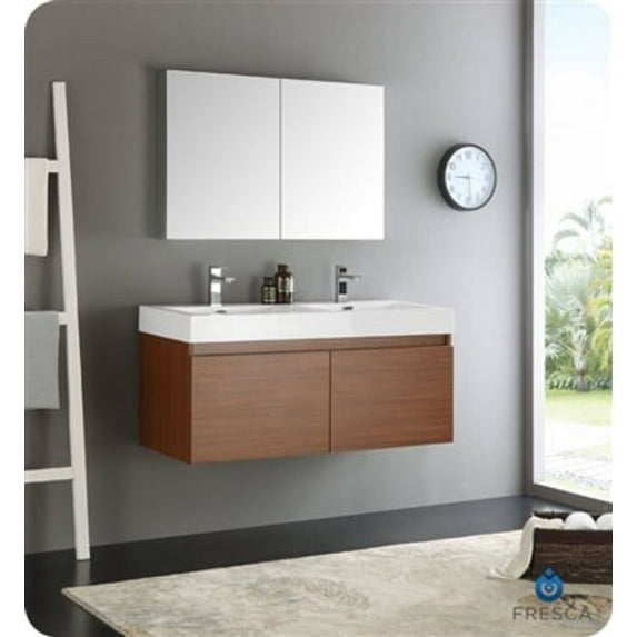 Fresca Mezzo 48" Teak Wall Hung Double Sink Modern Bathroom Vanity w/ Medicine Cabinet
