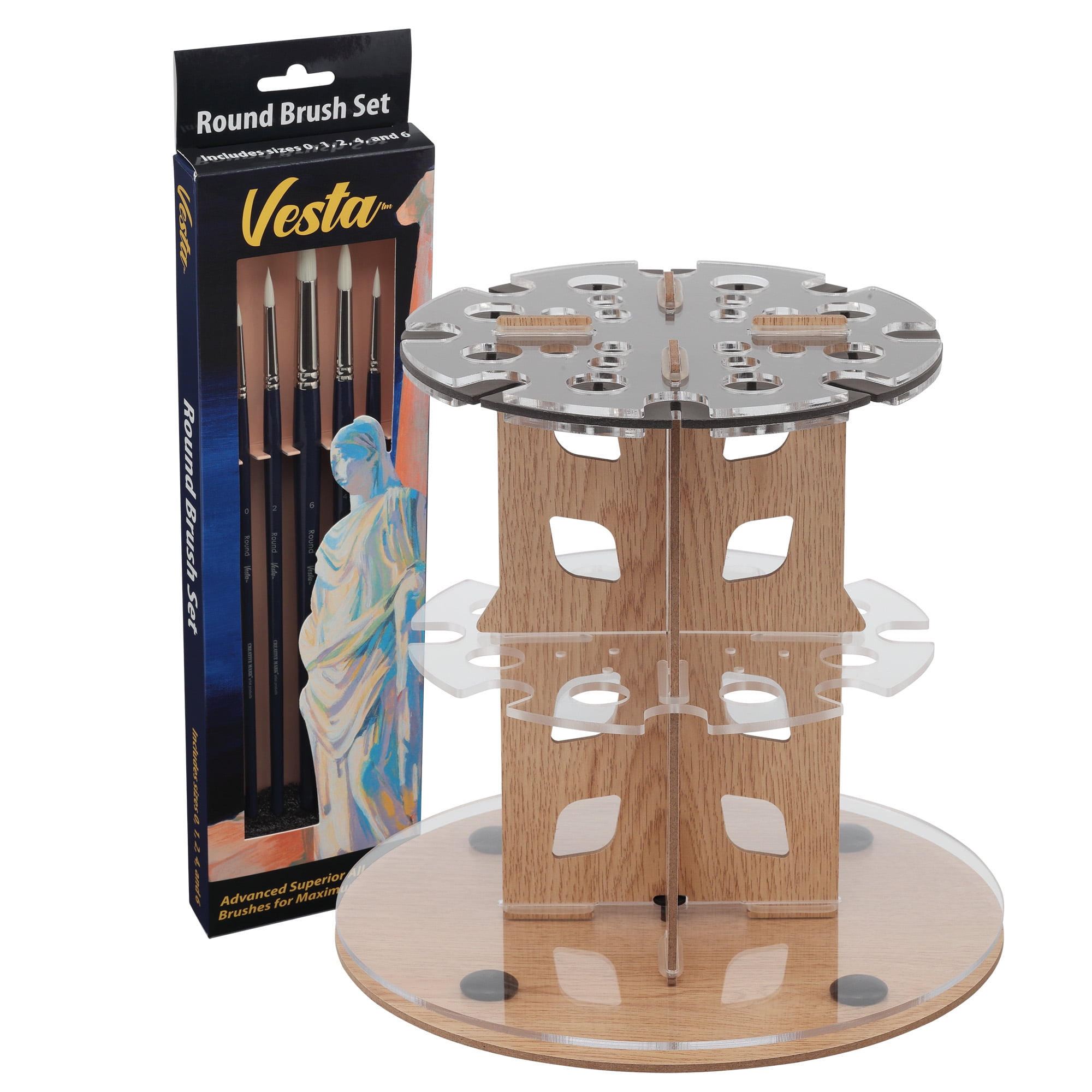 Mezzo Rotating Paint Brush Storage Rack with Vesta Synthetic Artist Paint Brushes for Acrylic Painting - Round Acrylic Paint Brush Set of 5 - with Brush Drying Carousel - Holds Up to 28 Brushes