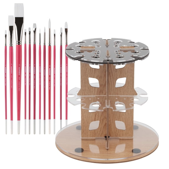 Mezzo Rotating Paint Brush Storage Rack w/ Creative Mark Pro White Soft Filament Acrylic Paint Brushes- Gouache, Oils & Caseins- Set of 14 w/ Paint Brush Drying Carousel - Holds Up to 28 Brushes