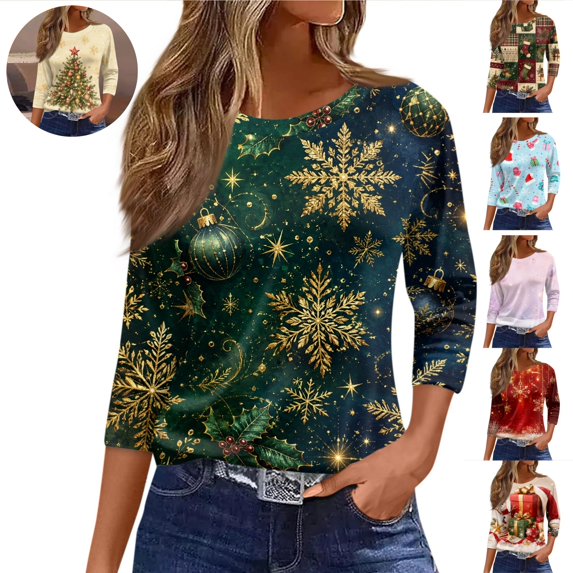 Mfakffe 3/4 Sleeve Christmas T Shirts for Women Loose Fit Crew Neck Tops Comfy Christmas Graphic Shirt for Daily Wear