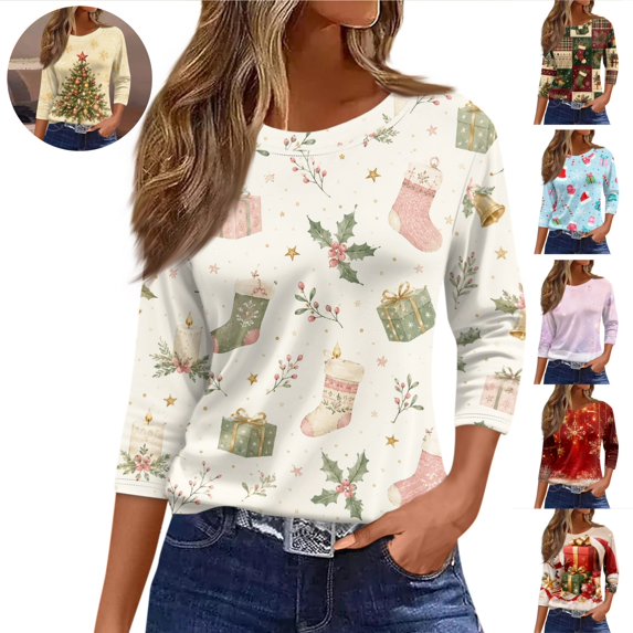Mfakffe 3/4 Sleeve Christmas T Shirts for Women Loose Fit Crew Neck Tops Comfy Christmas Graphic Shirt for Daily Wear