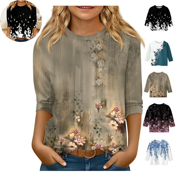 Mfakffe 3/4 Sleeve Kids T-shirts Crew Neck Casual Loose Tops Soft Lightweight Fashion Blouse Tee Children Daily Wear Shirt