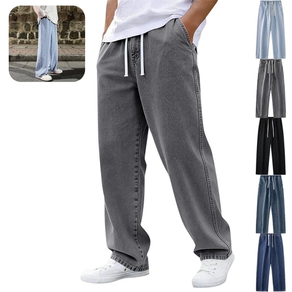 Mfakffe Baggy Jeans for Men Wide Leg Drawstring Elastic Waist Denim Pants Hip Hop Streetwear Casual Summer Jeans with Pockets
