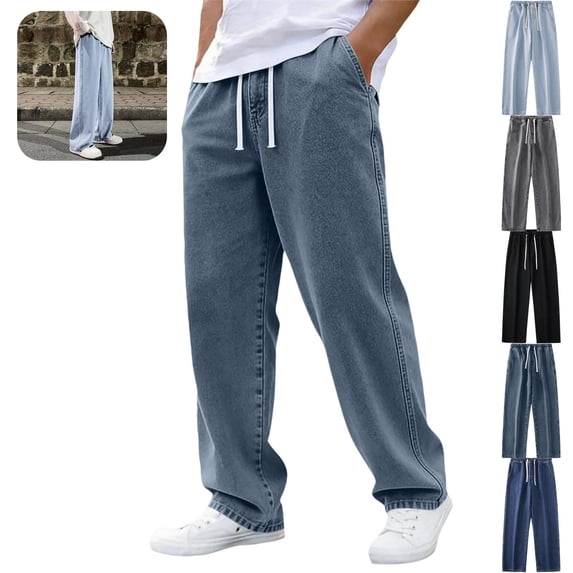 Mfakffe Baggy Jeans for Men Wide Leg Drawstring Elastic Waist Denim Pants Hip Hop Streetwear Casual Summer Jeans with Pockets