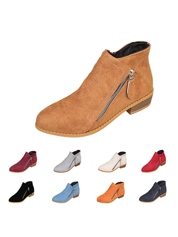 Booties For Woman Suede Chunky Heel Walking Ankle Boots With Side Zipper Retro Pointed Toe Low Block Heel Comfortable Stylish Non-Slip