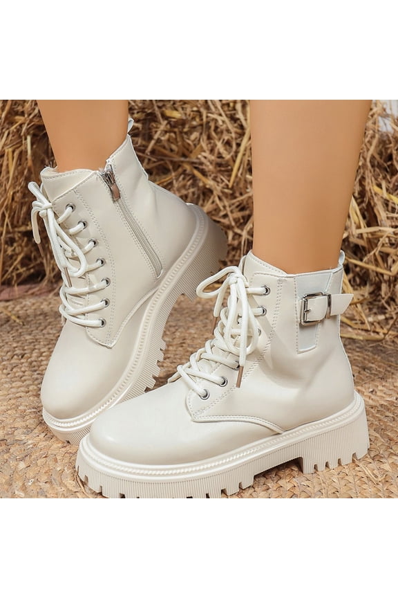 Boots for Women Comfy British Fashion Platform Heel Boots Outdoor Versatile Walking Shoes Beige 6.5 Wide(EU:37)