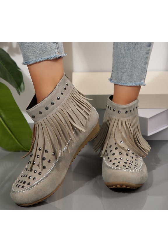 Boots for Women Fall Winter Comfortable Versatile Tassel Boots Slip on Casual Warm Outdoor Flat Short Shoes With Rivets Beige 7.5 Wide(EU:39)