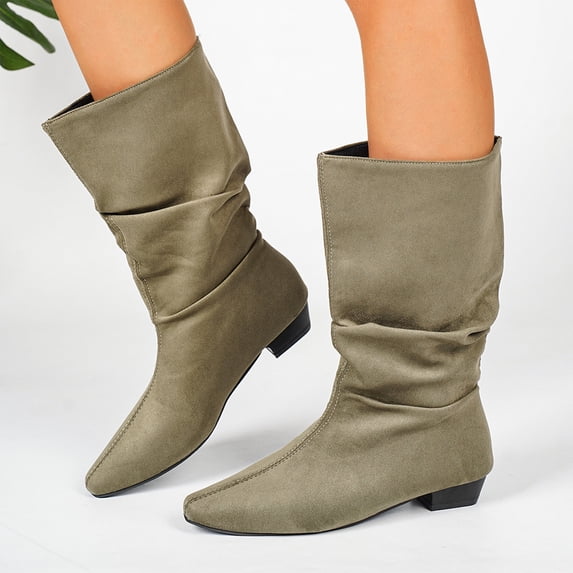 Mfakffe Boots for Women Low Block Heel Fashion Comfy Casual Pointed Toe Warm Mid Calf Boots Non Slip Versatile Fit Outdoor Dress Shoes for Winter