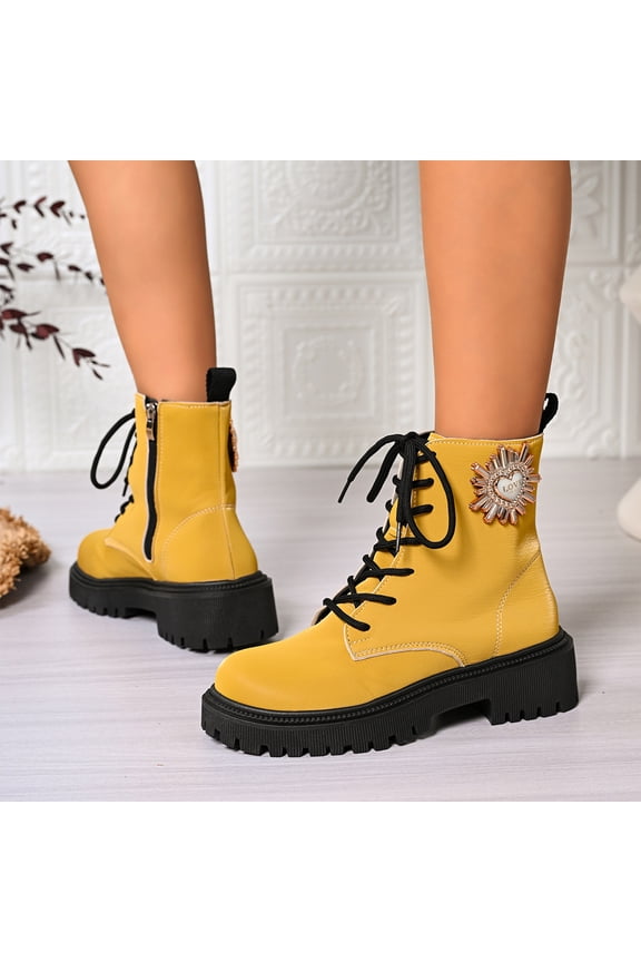 Boots for Women Spring Slip on Fashion British Comfy Short Boots Retro Warm Versatile Outdoor Platform Heel Shoes Yellow 8.5 Wide(EU:41)