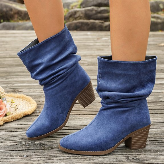 Mfakffe Boots for Women Versatile Pointed Toe Casual Wedge Block Heel Non Slip Loose Mid Calf Boots Comfortable Warm Outdoor Shoes