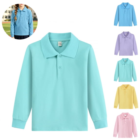 Mfakffe Boys Girls Polo Shirt Back To School Comfortable School Uniform Spring Fall Long Sleeve Shirts Casual Lapel Collar Shirt