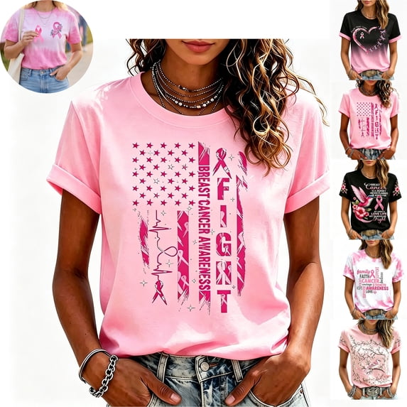 Mfakffe Breast Cancer Shirts for Women October Breast Cancer Awareness Short Sleeve Tee Pink Ribbon Print Crew Neck Casual T-Shirt for Breast Cancer Support