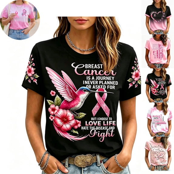 Mfakffe Breast Cancer Shirts for Women October Breast Cancer Awareness Short Sleeve Tee Pink Ribbon Print Crew Neck Casual T-Shirt for Breast Cancer Support