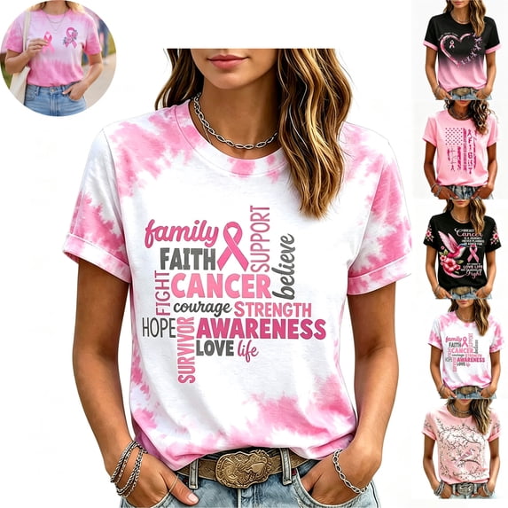 Mfakffe Breast Cancer Shirts for Women October Breast Cancer Awareness Short Sleeve Tee Pink Ribbon Print Crew Neck Casual T-Shirt for Breast Cancer Support
