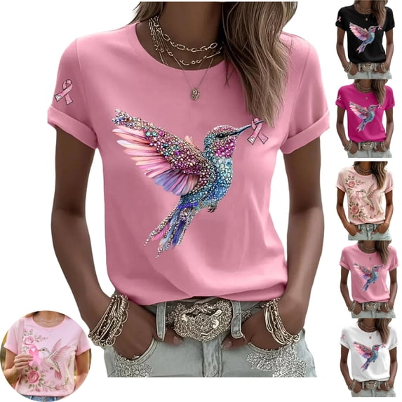 Mfakffe Breast Cancer Shirts for Women Breast Cancer Awareness Crew Neck Short Sleeve T-Shirt Hummingbird Pink Ribbon Graphic Loose Tee