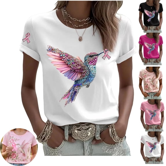 Mfakffe Breast Cancer Shirts for Women Breast Cancer Awareness Crew Neck Short Sleeve T-Shirt Hummingbird Pink Ribbon Graphic Loose Tee