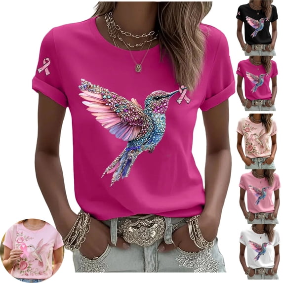 Mfakffe Breast Cancer Shirts for Women Breast Cancer Awareness Crew Neck Short Sleeve T-Shirt Hummingbird Pink Ribbon Graphic Loose Tee