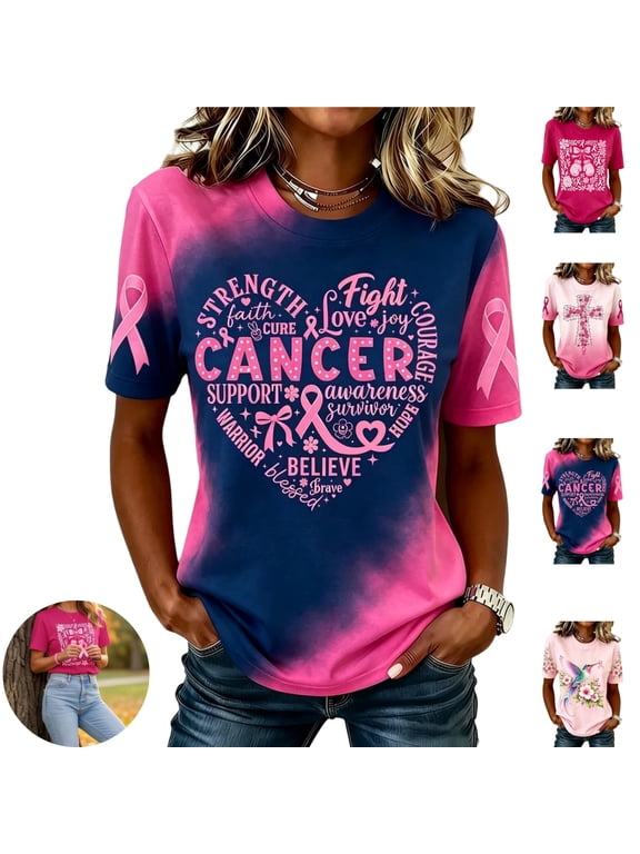 Breast Cancer Shirts for Women Breast Cancer Awareness Short Sleeve T-Shirt Pink Angel Wings Bow Print Crew Neck Casual Fashion Top