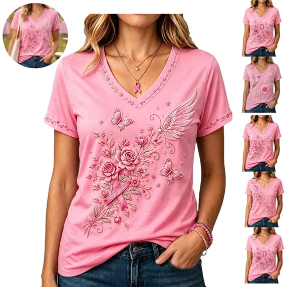 Mfakffe Breast Cancer Shirts for Women Breast Cancer Awareness V Neck Short Sleeve T-Shirt Floral Pink Ribbon Embroidery Effect Casual Loose Tee