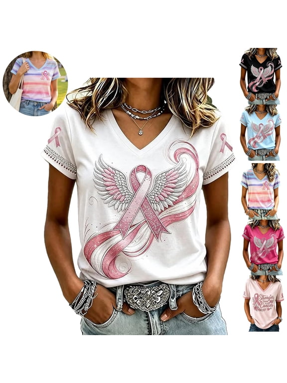 Breast Cancer Shirts for Women Breast Cancer Awareness V Neck Short Sleeve T-Shirt Pink Angel Wings Pink Ribbon Graphic Casual Tee