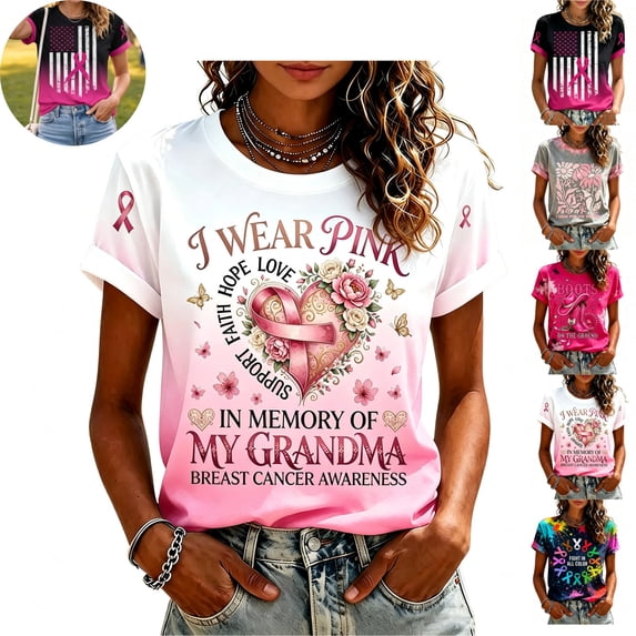 Mfakffe Breast Cancer Shirts for Women October Breast Cancer Awareness Casual Crew Neck Short Sleeve Tops with Pink Ribbon Print