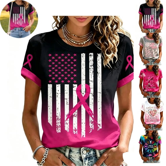 Mfakffe Breast Cancer Shirts for Women October Breast Cancer Awareness Casual Crew Neck Short Sleeve Tops with Pink Ribbon Print
