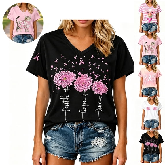 Mfakffe Breast Cancer Shirts for Women October Breast Cancer Awareness V Neck Short Sleeve Tee for Breast Cancer Support & Daily Casual Wear