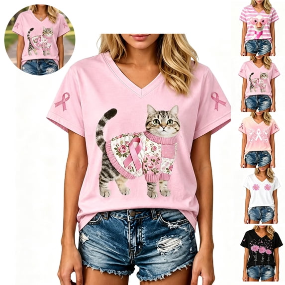 Mfakffe Breast Cancer Shirts for Women October Breast Cancer Awareness V Neck Short Sleeve Tee for Breast Cancer Support & Daily Casual Wear