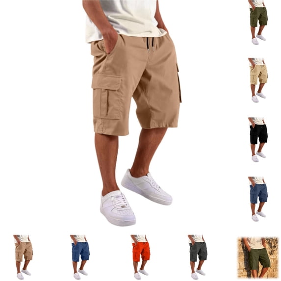 Mfakffe Cargo Shorts for Men Casual Lightweight Cotton Shorts Summer Classic Knee Length Short Pants Elastic Waist Wide Leg Trousers