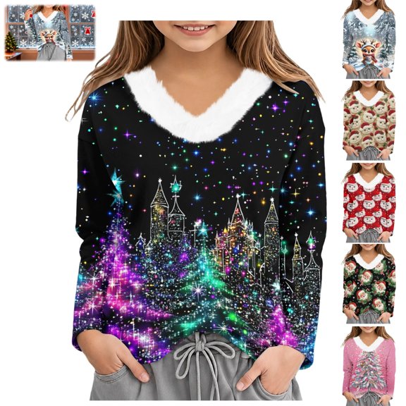 Mfakffe Christmas Shirts for Girls Long Sleeve V-Ncek Tops Winter Comfortable Christmas Graphic Sweater Loose Fit Pull on Tee