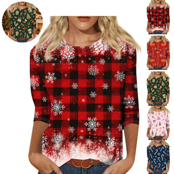 Mfakffe Christmas Shirts for Women 3/4 Sleeve Crew Ncek Tops Comfy Christmas Graphic Shirt Lightweight Pull on Tee