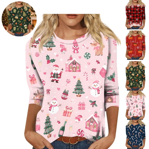 Mfakffe Christmas Shirts for Women 3/4 Sleeve Crew Ncek Tops Comfy Christmas Graphic Shirt Lightweight Pull on Tee
