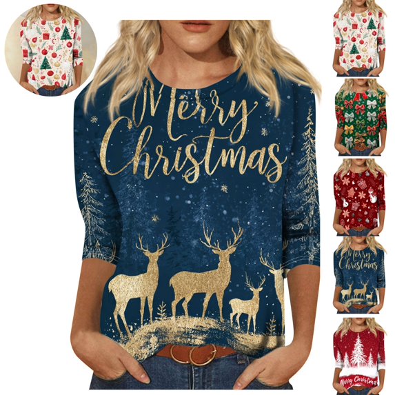 Mfakffe Christmas Shirts for Women 3/4 Sleeve Crew Neck Tops Comfy Christmas Graphic Sweatshirt Lightweight Pull on Tee
