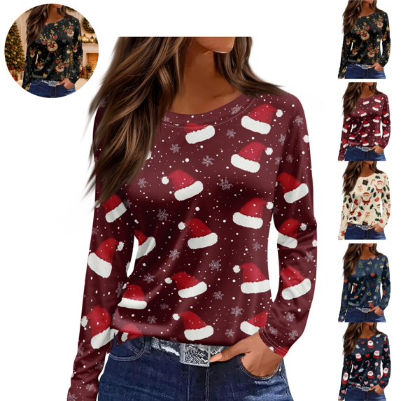 Mfakffe Christmas Womens Shirts Long Sleeve Crew Neck Tops Casual Christmas Graphic Shirt Lightweight Pullover Tee