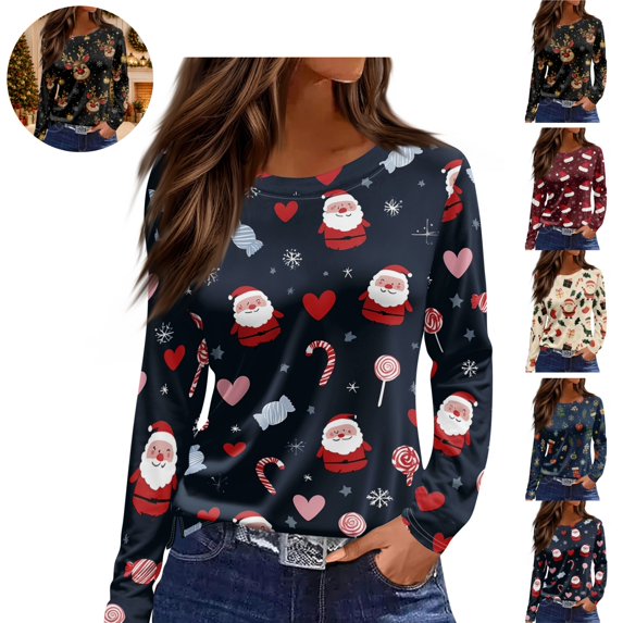 Mfakffe Christmas Womens Shirts Long Sleeve Crew Neck Tops Casual Christmas Graphic Shirt Lightweight Pullover Tee