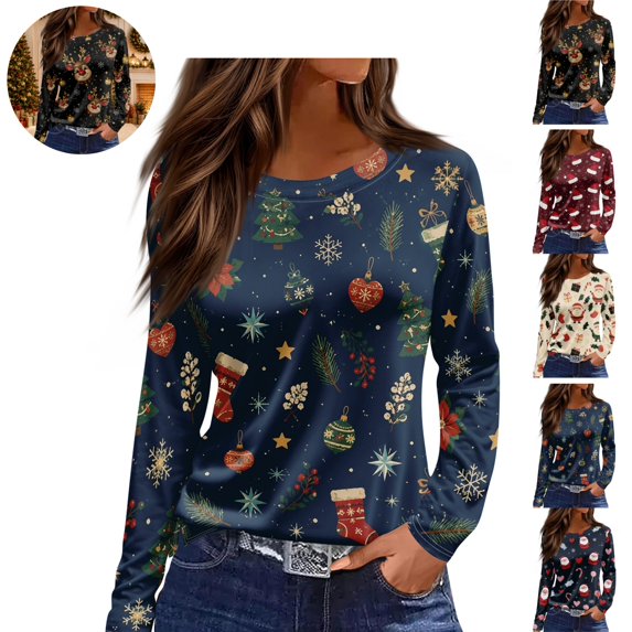 Mfakffe Christmas Womens Shirts Long Sleeve Crew Neck Tops Casual Christmas Graphic Shirt Lightweight Pullover Tee