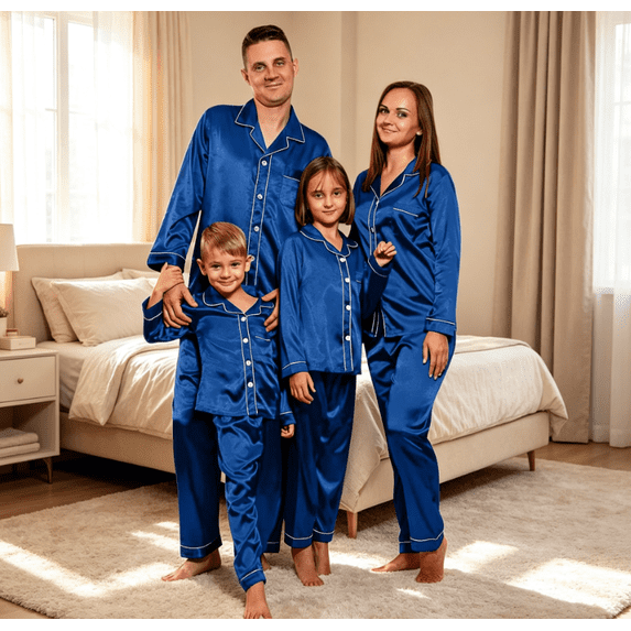 Mfakffe Family Matching Solid Satin Loungewear Set Long Sleeve Button Down Top and Long Pants Outfit Silky Cozy Home Wear