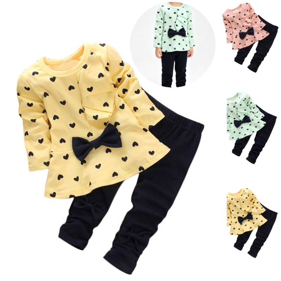 Mfakffe Girls 2‑Piece Outfit Set Long Sleeve Heart Print Ruffle Tunic Top & Solid Pants Fashion Casual Winter Daily Clothing
