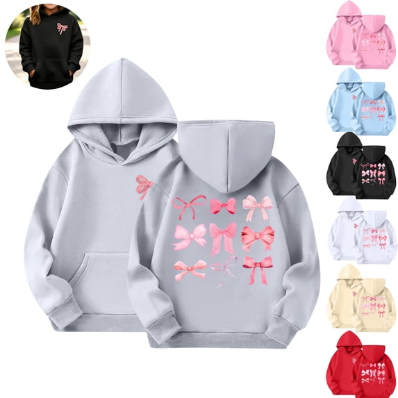 Mfakffe Girls Hooded Sweatshirt Cute Bow Print Long Sleeve Pullover Hoodie Casual Loose Fit with Front Pocket for Spring Fall