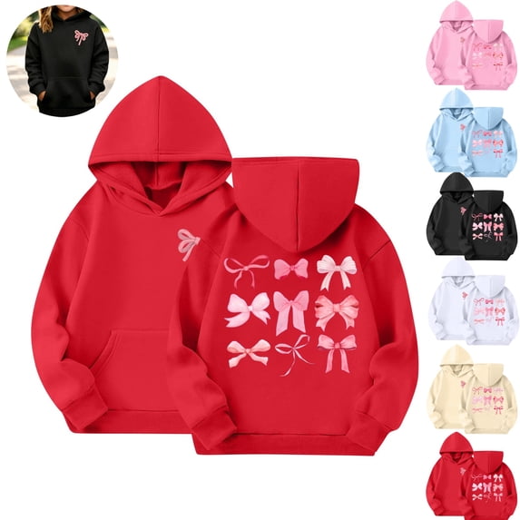 Mfakffe Girls Hooded Sweatshirt Cute Bow Print Long Sleeve Pullover Hoodie Casual Loose Fit with Front Pocket for Spring Fall