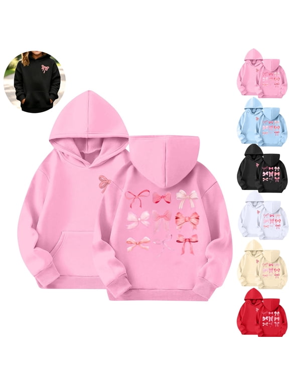 Girls Hooded Sweatshirt Cute Bow Print Long Sleeve Pullover Hoodie Casual Loose Fit with Front Pocket for Spring Fall